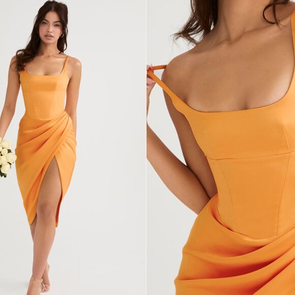 Bianca - Tangerine satin pleated corset midi dress - Picture 2 of 6